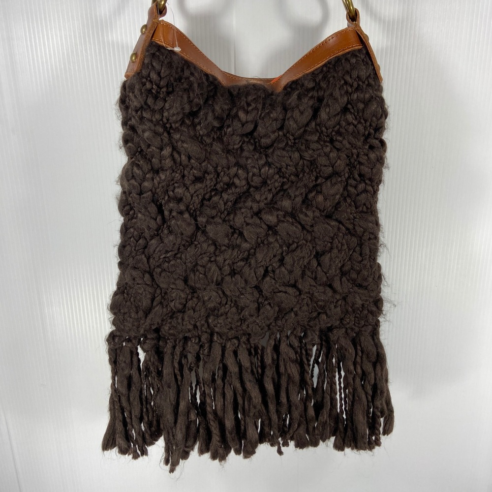 Vintage 90s Lucky Brand Dark Brown Yarn Crochet Knit Fringe Western Boho Bag
